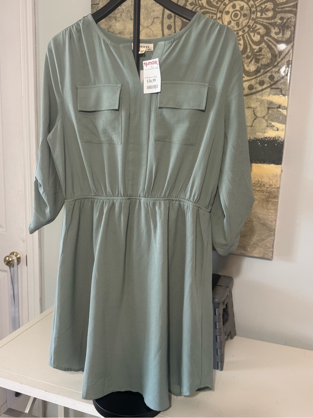 Monteau Sage Green Midi Dress with Chest Pockets